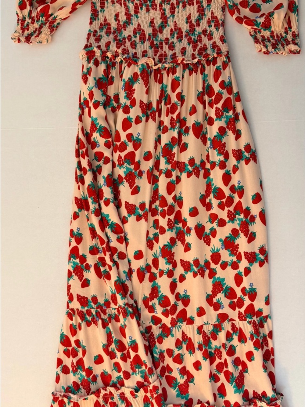 Betsey Johnson Flowy Strawberry & Raspberry Print Smocked Maxi Dress, Size S - Picture 4 of 12